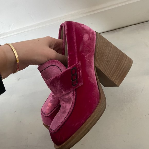 MARNI Pink Velvet Moccasin Loafers Chunky Block High Heels Sz 37 - Picture 5 of 10